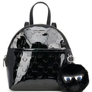 Karl Lagerfeld Black Patent Paris Adele Backpack Embossed Logo Pattern Bag Charm